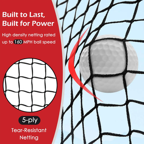 Close-up of golf ball against 5-ply tear-resistant netting from Golf Practice Net Set 10x7ft Heavy Duty Net With Mat Target Cloth 6 Balls 8 Tees Rubber Tee And Carry Bag For Backyard Driving Chipping Indoor Outdoor Training.