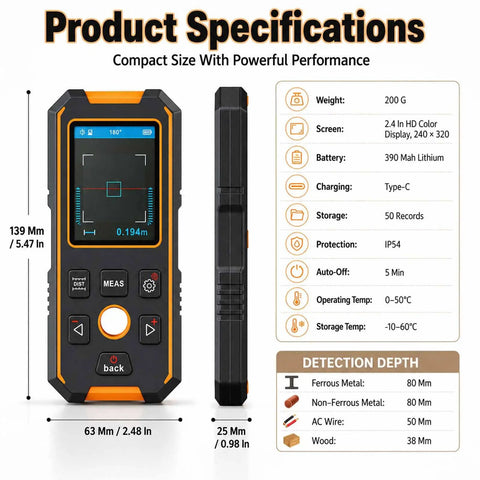 Beam Detector Rangefinder, Stud Finder Wall Scanner with Smart Sensors, showing compact design and display specifications.
