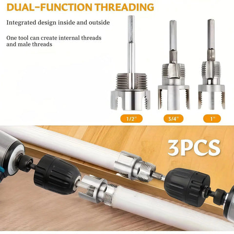All In One Pipe Threading Kit With Integrated Internal And External Tools, Dual Function Cutting Tool for PVC, displayed with drill