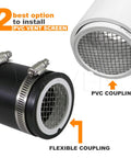 PVC Termination Cap Mesh Screen Vent Cover For Furnace And Roof Vents, DIY Friendly, shown with flexible and PVC couplings.