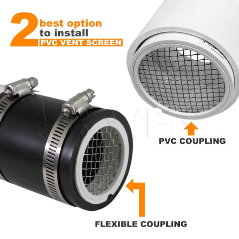PVC Termination Cap Mesh Screen Vent Cover For Furnace And Roof Vents, DIY Friendly, shown with flexible and PVC couplings.