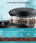 Flat Burr Coffee Grinder With 28 Custom Grind Levels For Espresso And Drip Brews showing grind settings with coffee beans.