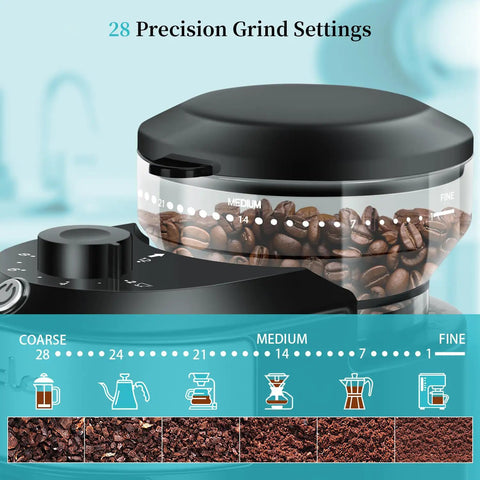 Flat Burr Coffee Grinder With 28 Custom Grind Levels For Espresso And Drip Brews showing grind settings with coffee beans.