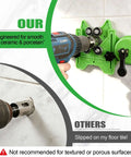 Diamond tile hole saw kit with green double-suction guide mounted on ceramic tile; drill in use.