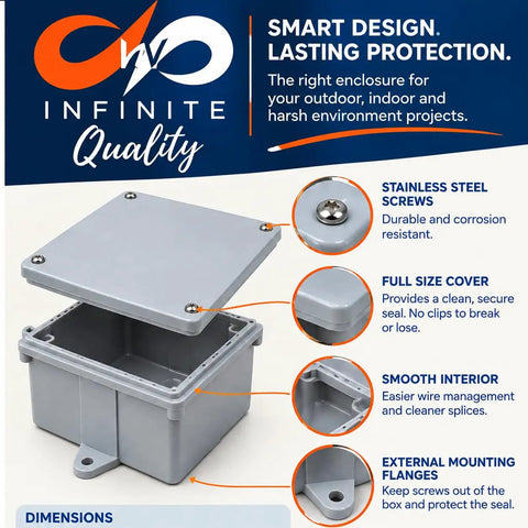 Rock Solid 6X6X4 Inch Pvc Junction Box Gray Nonmetallic Splice With Screw On Cover And Mounting Flanges 144 Cubic Inch Capacity Rust Proof Electrical Enclosure.