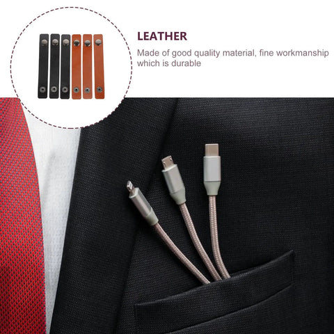 Six Piece Slick Leather Cable Straps For Usb Gadgets And Headphones Black Anti Tangle Wire Ties in a suit pocket with cables.