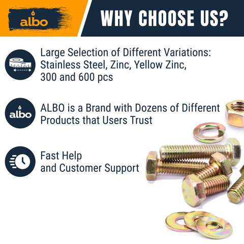 600 Piece Hex Bolt and Nut Set With Grade 5 Yellow Zinc Plated 1/4 20 5/16 18 3/8 16 Bolts And Nuts Plus Flat And Spring Washers Case Included For DIY Projects And Professional Work From ALBO shown with fasteners and washers