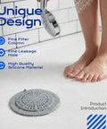 2 Pack Silicone Shower Drain Hair Catcher Designed For Sunken Tub Installations Heavy Duty Strainer on wet shower floor with feet.