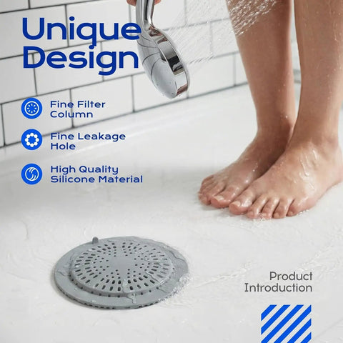 2 Pack Silicone Shower Drain Hair Catcher Designed For Sunken Tub Installations Heavy Duty Strainer on wet shower floor with feet.