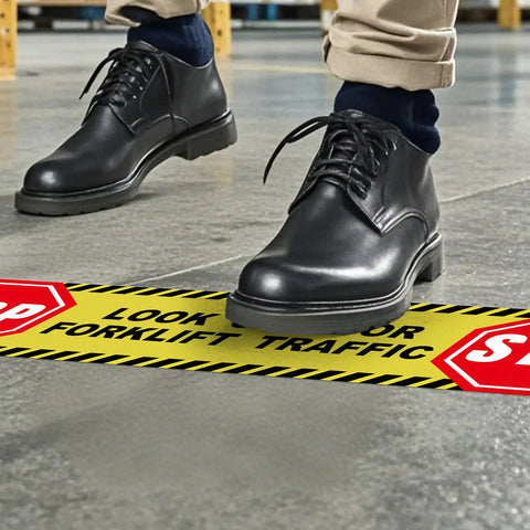 Person walking over Five Pack Heads Up Watch Out For Forklift Traffic Floor Stickers 24 By 6 Inches in warehouse