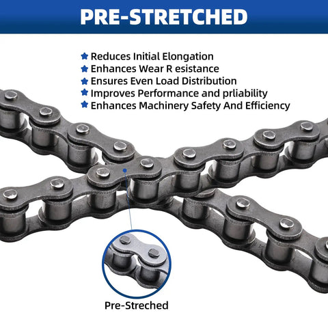 Close-up of pre-stretched 41 Roller Chain 20 Feet Beefed Up Industrial Grade Carbon Steel for heavy-duty gate openers.