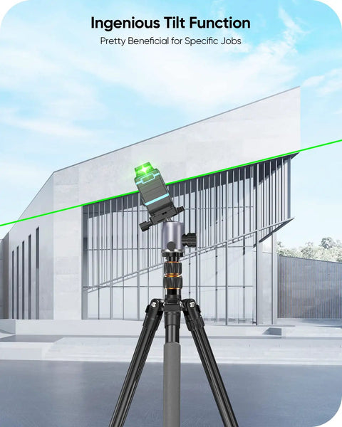 Self Leveling Pro Grade 360 Green Laser Level With 4000mAh Battery on tripod displaying horizontal line on building
