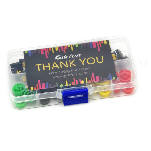 Clear plastic box containing 12x12x7.3mm Tactile Push Button Momentary SMD PCB Switches with color caps, pack of 25 for Arduino projects