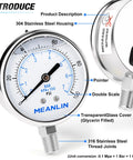 MEANLIN pressure gauge, 0-100 psi, liquid-filled, 2.5-inch dial, stainless steel housing, 1/4 in NPT, front view