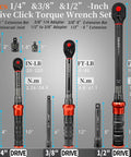 Nine Piece Torque Wrench Set With Dual Range Click Wrenches In One Quarter, Eighths, And One Half Inch Drive For Bike, Motorcycle, And Car Maintenance Pro Grade, Plus Minus Three Percent Precision, Seventy Two Tooth, Calibrated For Easy Tightening displayed with extension bars and adapters.