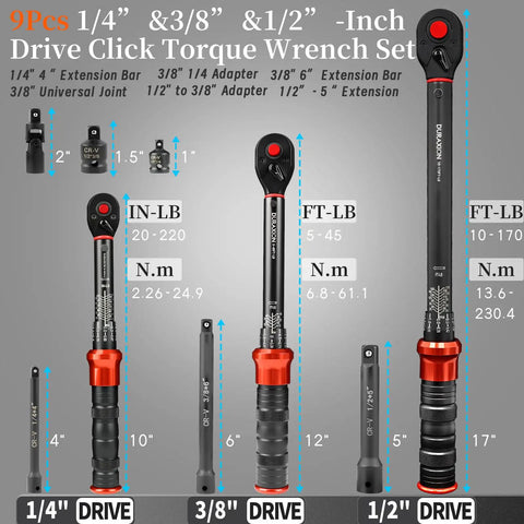 Nine Piece Torque Wrench Set With Dual Range Click Wrenches In One Quarter, Eighths, And One Half Inch Drive For Bike, Motorcycle, And Car Maintenance Pro Grade, Plus Minus Three Percent Precision, Seventy Two Tooth, Calibrated For Easy Tightening displayed with extension bars and adapters.