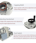 Top Shelf Semi Automatic Glass Jar Vacuum Capper And Tin Cap Sealer For 110V Home Kitchens shows capping mold, adjusting handwheel, and foot switch.