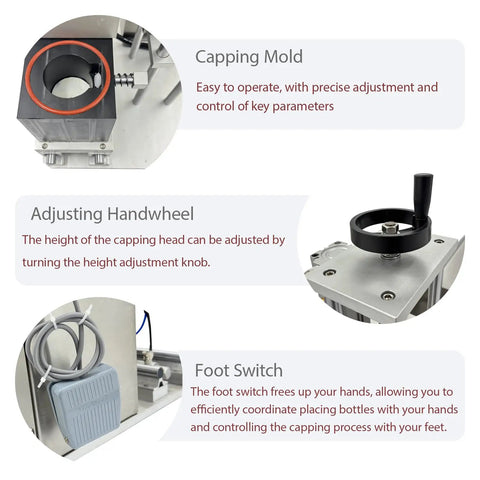Top Shelf Semi Automatic Glass Jar Vacuum Capper And Tin Cap Sealer For 110V Home Kitchens shows capping mold, adjusting handwheel, and foot switch.