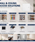 Heavy Duty 12 X 12 Flush Mount Drywall Access Panel With Secure Cam Latch Lock And Clean Concealed Hinge Tough Steel Metal Service Door For Hassle Free Plumbing HVAC Electrical Fixes in wall application infographic.