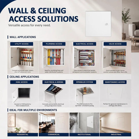Heavy Duty 12 X 12 Flush Mount Drywall Access Panel With Secure Cam Latch Lock And Clean Concealed Hinge Tough Steel Metal Service Door For Hassle Free Plumbing HVAC Electrical Fixes in wall application infographic.