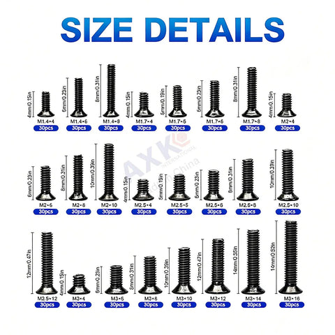Top Shelf Carbon Steel 720 Piece Mini Screw Assortment Kit Featuring Phillips Cross Drives and Countersunk Flat Heads for Laptop Computer Repair Projects and Hardware Upgrades size details of 720 screws in metric sizes.