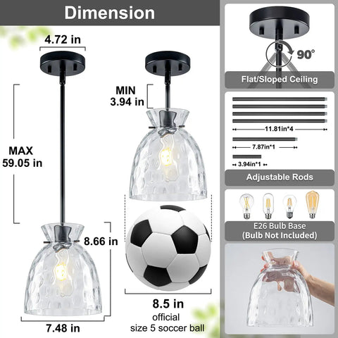 Dimensions of 7.5" Black Hammered Glass Pendant Lights Kitchen Island Lighting 1 Pack E26 with adjustable rods.