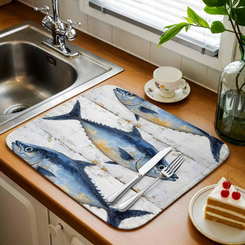 Blue Tuna Oil Painting Dish Drying Mat For Kitchen Counter Must Have Absorbent Microfiber Non Slip Machine Washable 18 By 24 Inches