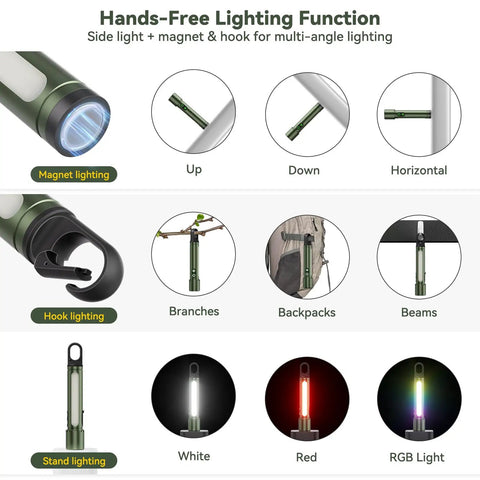 Ultra Bright Rechargeable Beast Mode LED Flashlight With Zoom Beam And Side Light Hanging Clip All In One Multi Function Light For Camping Emergency Hiking Dog Walking And Home Use Waterproof showing hands-free lighting options and color modes.