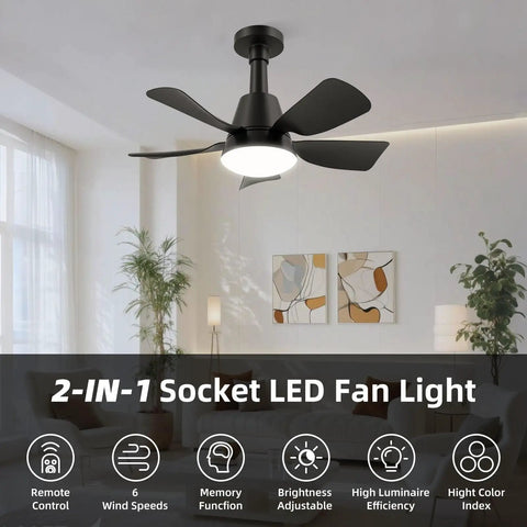 Lit 2 In 1 Socket Ceiling Fan With Light And Remote, dimmable 3000K to 6500K, 6 speed whisper quiet, installed in living room