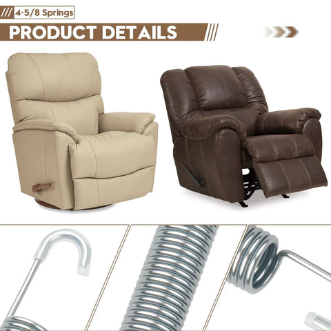 Heavy Duty Tension Spring Replacement For Recliner Sofa And Couch Chairs Quick Homebody Fix 4-5/8 Inch Overall Length Durable Steel Coil Build No Sweat Install Sweet Deal 2 Pack featuring two recliner chairs and tension springs.