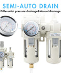 Half Inch NPT Air Compressor Water Separator Regulator Filter Dryer Combo With Gauge 0 To 150 PSI Poly Bowl Semi Auto Drain 3 In 1