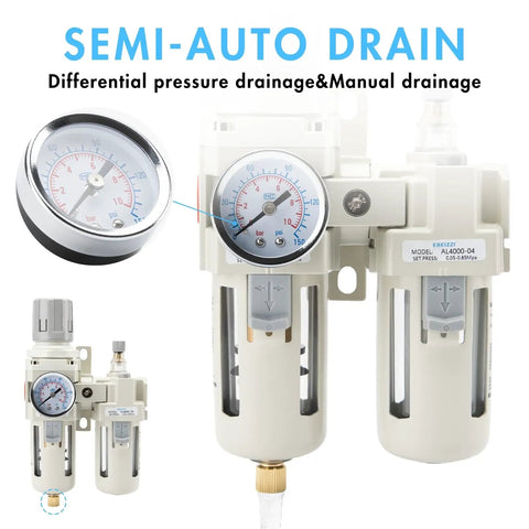 Half Inch NPT Air Compressor Water Separator Regulator Filter Dryer Combo With Gauge 0 To 150 PSI Poly Bowl Semi Auto Drain 3 In 1