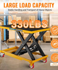 Heavy Duty Hydraulic Scissor Lift Table Cart 330 Lb with rust proof steel frame and red swivel casters for heavy object transport.