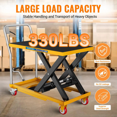 Heavy Duty Hydraulic Scissor Lift Table Cart 330 Lb with rust proof steel frame and red swivel casters for heavy object transport.