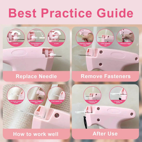 Best practice guide for Handheld Stitch Gun For No Sweat Wardrobe Rescue with needle replacement and fastener removal instructions.