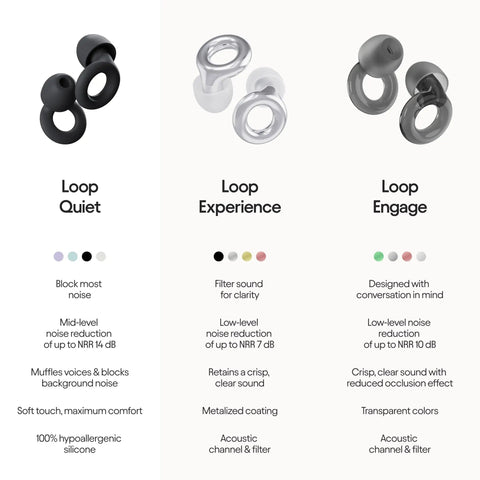 Image showing Chill Quiet Ear Plugs For Noise Reduction With Ultra Soft Silicone Comfort Reusable Sleep Protection Eight Tip Sizes XS S M L 24dB SNR 14 NRR Noise Cancelling In Black Plus Four Color Options. Three ear plugs versions displayed: Loop Quiet for noise blocking, Loop Experience for sound filtering, and Loop Engage designed for conversation.