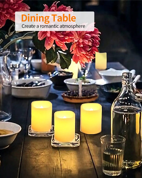 Flameless Votive Candles Set 2 Inch 24 Pack Battery Operated LED With Realistic Flicker Warm White Long Lasting on dining table