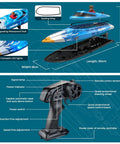Specifications and parts of High Speed RC Boat For Pools And Lakes With LED Lights 25 KPH Remote Racing Speed Boat 2 4GHz Wireless