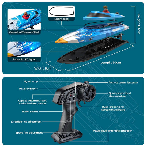 Specifications and parts of High Speed RC Boat For Pools And Lakes With LED Lights 25 KPH Remote Racing Speed Boat 2 4GHz Wireless