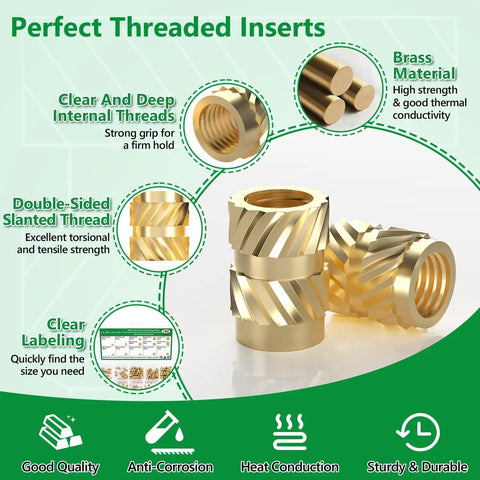 180Pcs Threaded Inserts Kit M2 M2.5 M3 M4 M5 With Knurled Brass Heat Set Nuts for Plastic and 3D Printing Projects