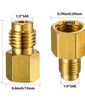 4 Piece R134A Refrigerant Tank Adapter Set For Car Air Conditioning Service Includes Half Inch Female To Quarter Inch Male Flare Valve Core And Quarter Inch Female To Half Inch Male Vacuum Pump Adapters For R12 And R134A Systems brass adapters with size labels