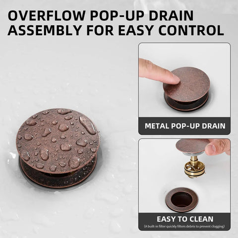 Copper Farmhouse Bathroom Sink Faucet With Waterfall Spout Boss Built To Last Pop Up Drain Stopper detail view