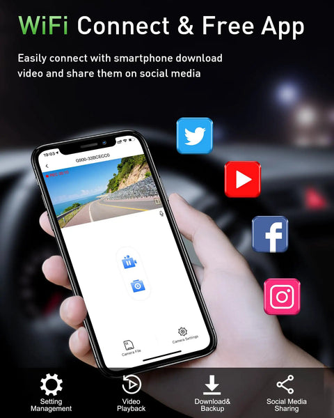 Smartphone displaying app interface of 4K Front And Rear Dash Cam With WiFi And App Control For Cars in a user's hand