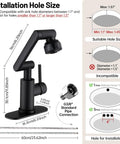 Matte Black Bathroom Sink Faucet In Stainless Steel With 1080 Degree Rotatable Swivel Spout, Single Handle Operation, Fits 1 Or 3 Hole Mount, Dual Water Outlet Modes With Hot And Cold Hoses, Easy Install And A Slick Modern Look. Matte black single-handle faucet with 1 or 3 hole installation and G3/8 hose connection.