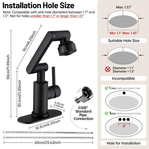 Matte Black Bathroom Sink Faucet In Stainless Steel With 1080 Degree Rotatable Swivel Spout, Single Handle Operation, Fits 1 Or 3 Hole Mount, Dual Water Outlet Modes With Hot And Cold Hoses, Easy Install And A Slick Modern Look. Matte black single-handle faucet with 1 or 3 hole installation and G3/8 hose connection.