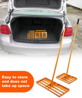 Heavy Duty Lawn Leveling Rake With 72 Inch Adjustable Handle for soil, sand, and grass shown folded in car trunk and assembled outside.