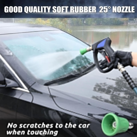 Compact Pressure Washer Gun With 3 Eighths Inch Smooth Swivel And 1 Quarter Inch Quick Connect spraying on car windshield