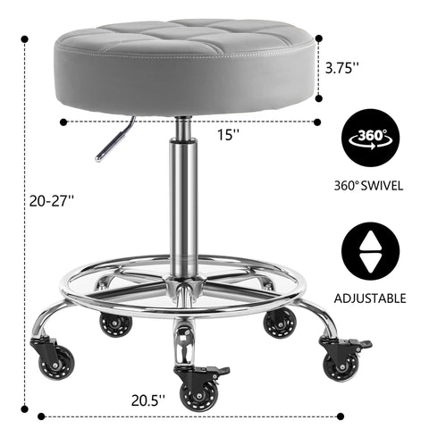 Lockable Rolling Stool With Quiet Rubber Wheels And Footrest, Adjustable Swivel Chair For Kitchen, Medical, Workshop, 20-27 in, Grey