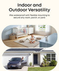 Wired Security Camera With 360 Degree Pan And Tilt installed indoors in a nursery and outdoors on a garage wall, demonstrating versatility.