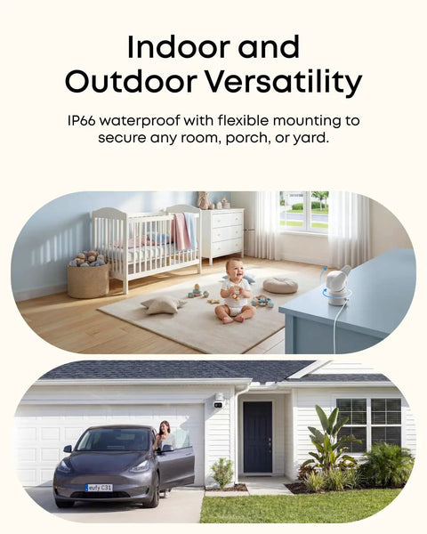 Wired Security Camera With 360 Degree Pan And Tilt installed indoors in a nursery and outdoors on a garage wall, demonstrating versatility.
